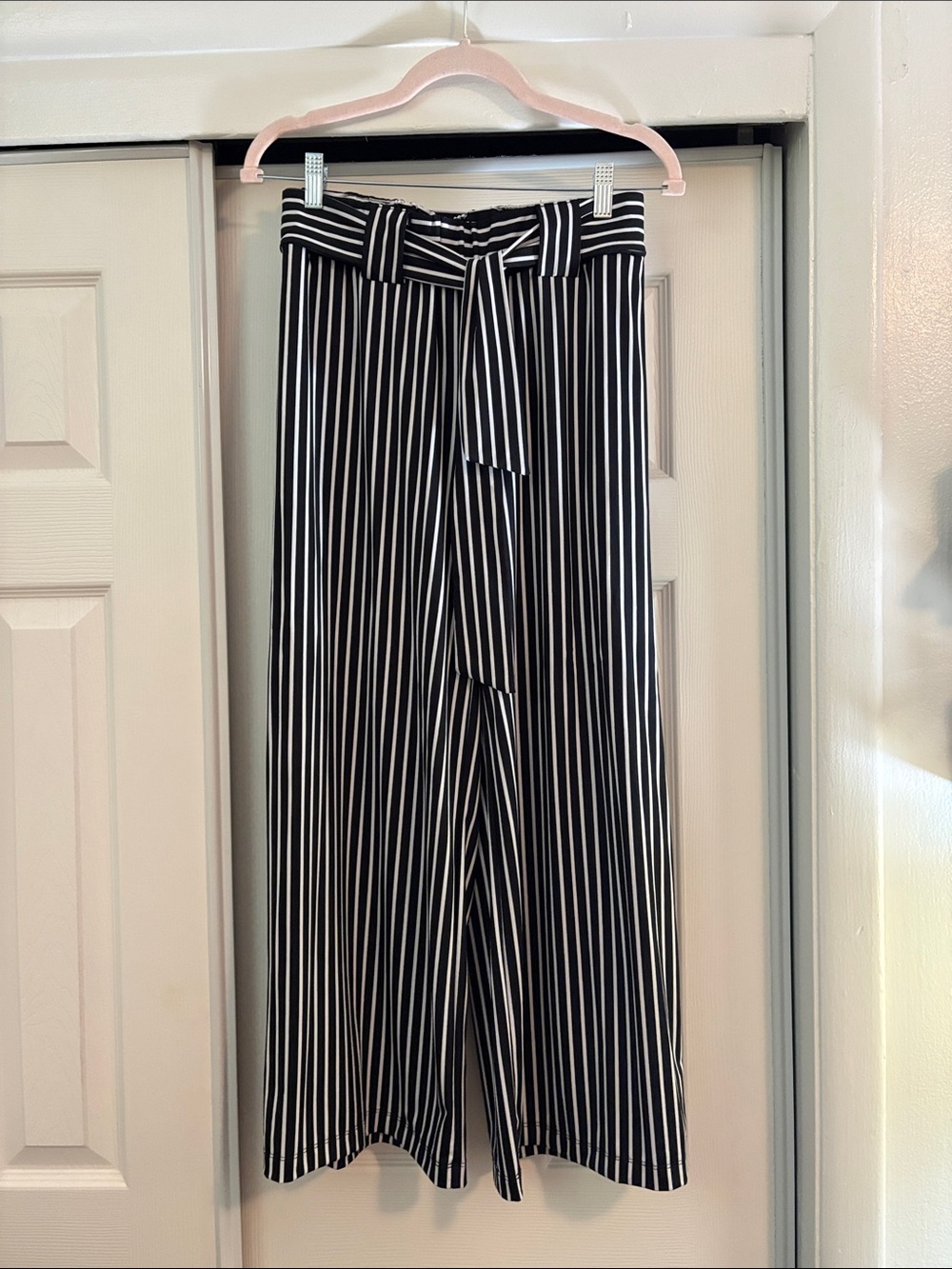 Robert Louis Black and White Vertical Stripe Wide-Leg Trousers with Tie Waist